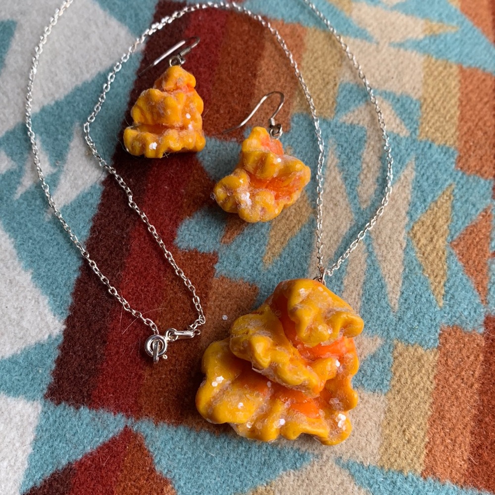Chicken of the woods mushroom pendant necklace & earring set. 18” Sterling chain